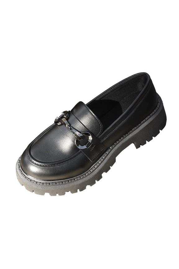 Womens Lug Sole Platform Chunky Heel Loafers Classic Round Toe Slip on office Uniform Oxfords Shoes with Metal Chain Black 5.5(36)