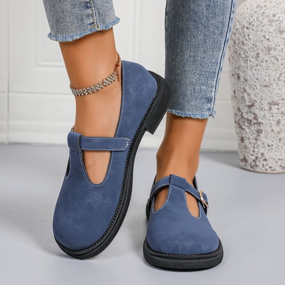 Miluxas Womens Mary Jane Flats Closed Round Toe Pumps Buckle T Strap Loafers Shoes Comfortable Casual Dressy Party office Classic Dress Shoes Blue 7.5(40)