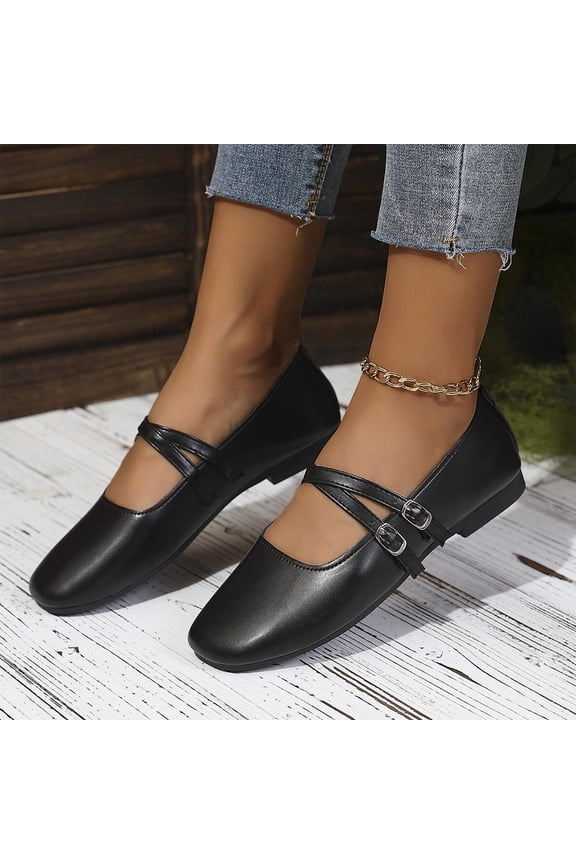Womens Mary Janes Flats Shoes Ballet Flats Dress Shoes,Memory Foam Insole,Soft Leather with Strap Black 7.5(40)