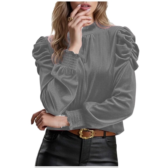 Miluxas Womens Mock Neck Puff Long Sleeve Velvet Tops Fall Winter Trendy Dressy Casual Elegant Shirts Blouse Gray S(S)