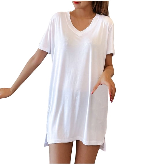 Miluxas Womens Nightgown Sleep Shirts Short Sleeve V Neck Boyfriend Night Shirt Comfy Sleepwear White 12(XXL)