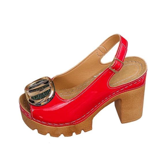 Miluxas Womens Open Toe Ankle Strap Chunky High Heels Sandals, Solid Color Casual Shoe Summer Lightweight Platform Fashion Sandal Red 5.5(36)