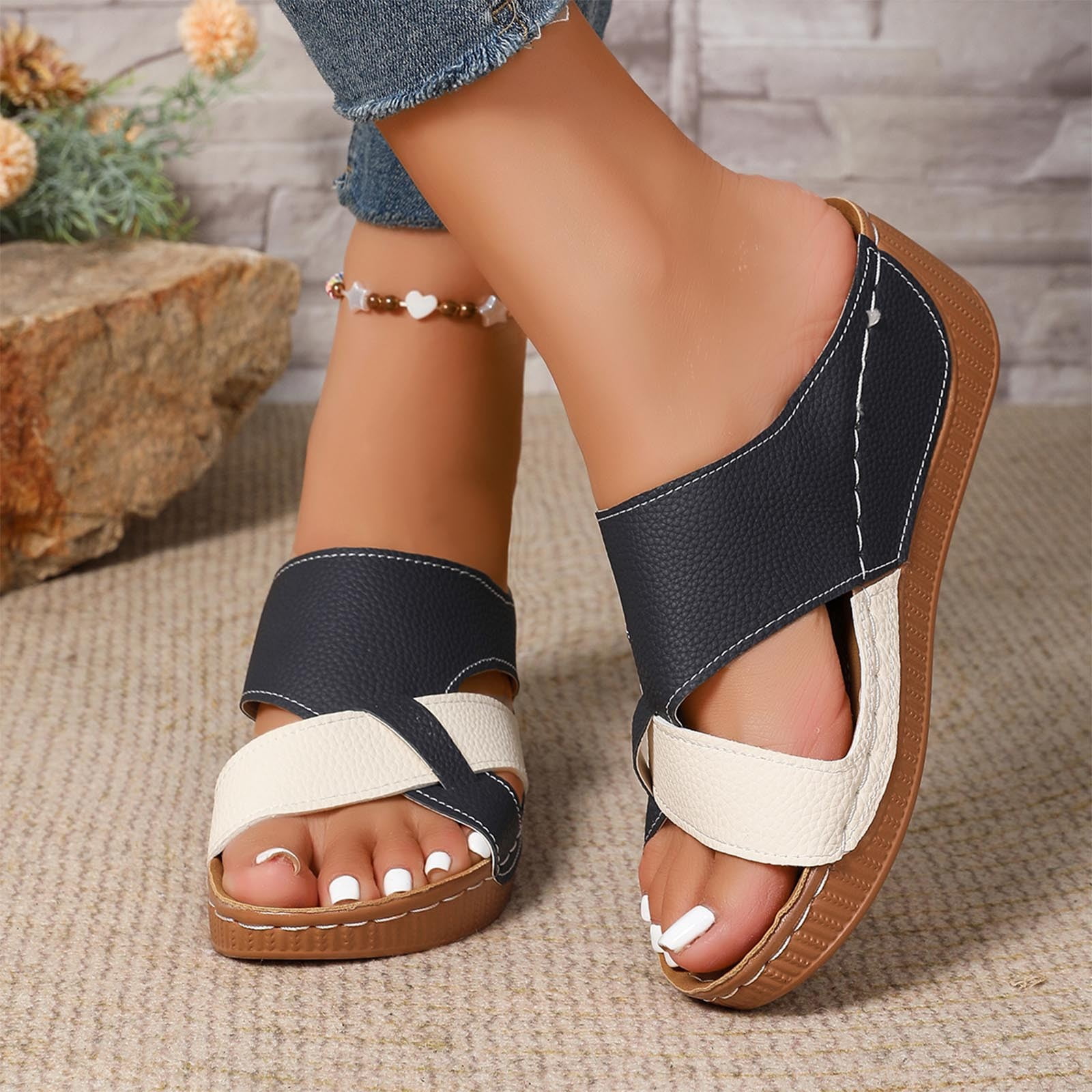 Miluxas Womens Orthopedic Wedge Sandals Comfortable Flat Open Toe ...