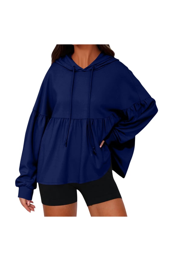 Womens Oversized Hoodies Sweatshirts Solid Casual Lantern Long Sleeve Drawstring Peplum Hem Loose Hooded Pullover Tops Blue M(M)
