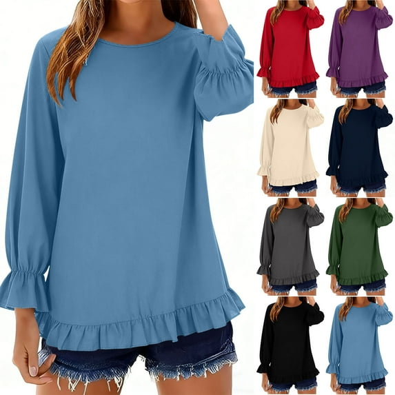 Miluxas Womens Oversized Peplum Tunic Tops Long Sleeve Babydoll Tops Casual Pleated Shirts Crew Neck Flowy Loose Fit Tees Wine XL(XL)