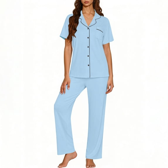 Miluxas Womens Pajamas Set Short Sleeve Button Down Sleepwear Top and Long Pants Set Soft 2 Piece Pjs Lounge Set Light Blue S(S)
