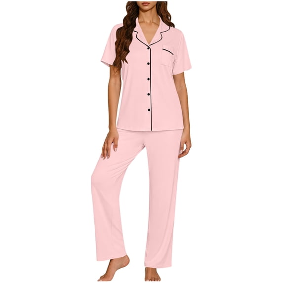 Miluxas Womens Pajamas Set Short Sleeve Button Down Sleepwear Top and Long Pants Set Soft 2 Piece Pjs Lounge Set Pink XXL(XXL)