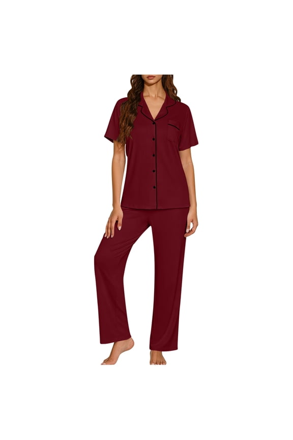 Womens Pajamas Set Short Sleeve Button Down Sleepwear Top and Long Pants Set Soft 2 Piece Pjs Lounge Set Wine XXL(XXL)