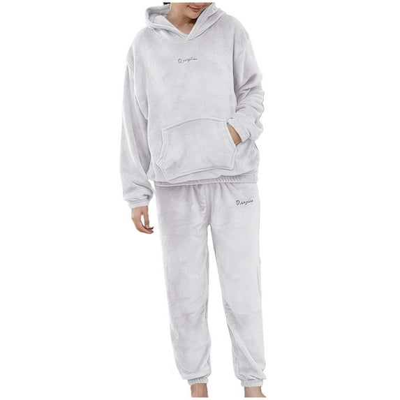 Miluxas Womens Pajamas Sets 2 Piece Fuzzy Fleece Outfits for Women Warm Pullover Hoodies and Sweatpant Plush Winter Loungewear Sets White Free Size