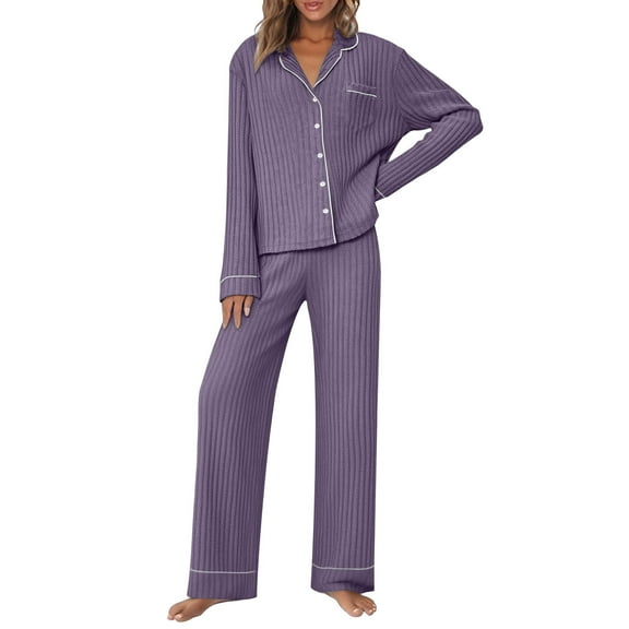 Miluxas Womens Pajamas Sets 2 Piece PJS Button Down V Neck Long Sleeve Sleepwear Comfy Pants Lounge Set Purple S(S)