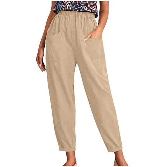 Miluxas Womens Pants Plus Size Women Elastic Waist Pure Color Straight Leg Cotton Linen Cropped Pocket Trousers Khaki 18(5XL)