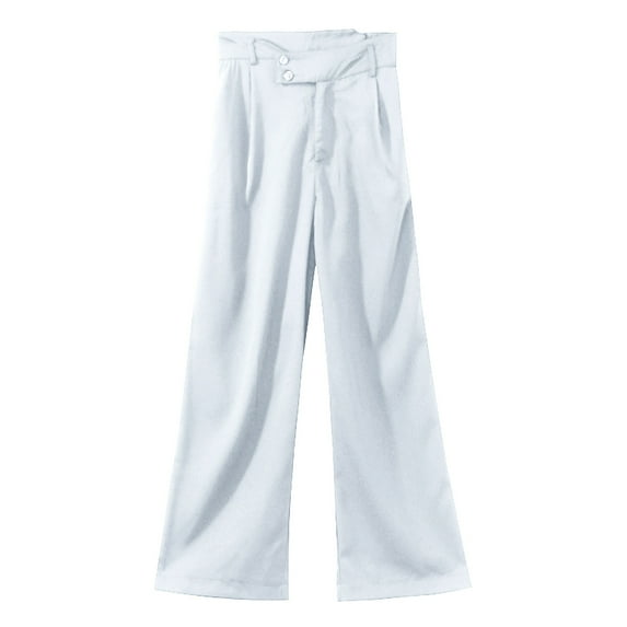 Miluxas Womens Pants Plus Size Clearance Women’s Solid High Waisted Pocket Wide Leg Pants Straight Baggy Trousers White 4(S)