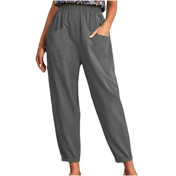 Miluxas Womens Pants Plus Size Women Elastic Waist Pure Color Straight Leg Cotton Linen Cropped Pocket Trousers Gray 4(S)