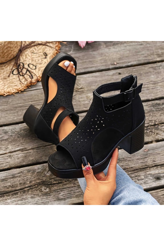 Womens Peep Toe Booties Summer Chunky Low Heels Cutout Sandals Slingback Ankle Booties Western Shoes Black 9(42)