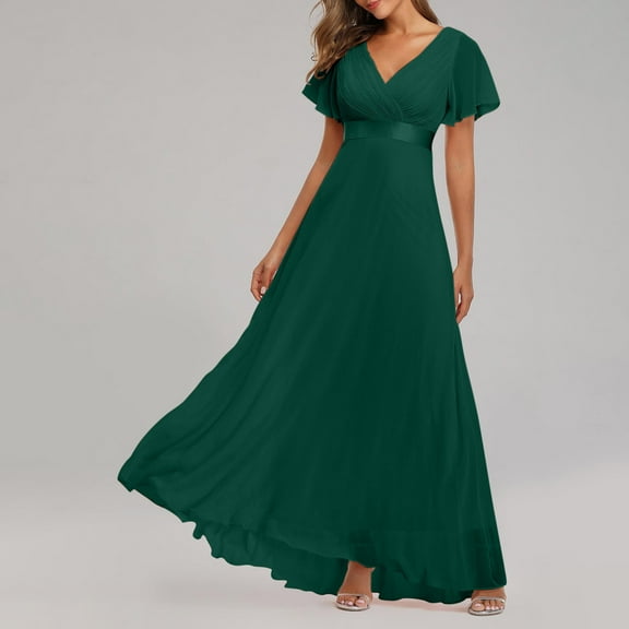 Miluxas Womens Plus Size Chiffon Cocktail Dress Ruffle 3/4 Sleeve Wedding Guest Party Dresses with High Low Hem Green 8(L)