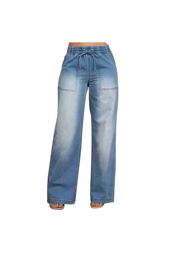 Womens Plus Size Jeans High Waisted Straight Leg Wide Leg Jean Trendy Stretchy Drawstring Denim Pants Light Blue XXL(XXL)