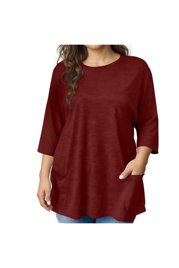 Womens Plus Size Tops 3/4 Length Sleeve Blouses Crew Neck Shirts Casual Loose Tunic Tops Wine XXXL(XXXL)