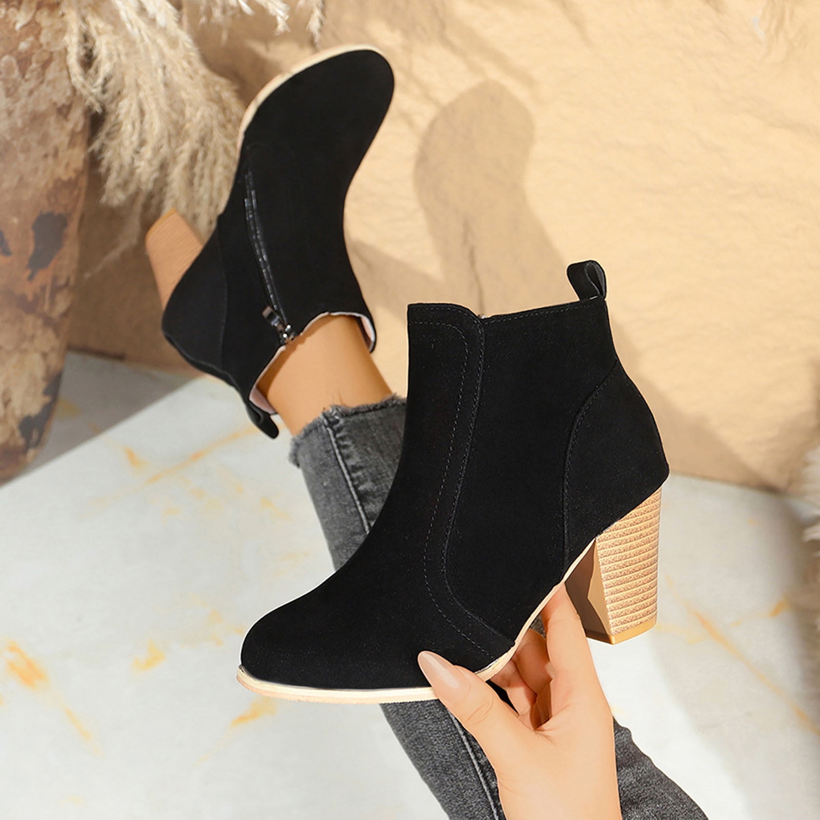 Miluxas Womens Pointed Toe Stacked Mid Heel Ankle Boots Faux Suede ...