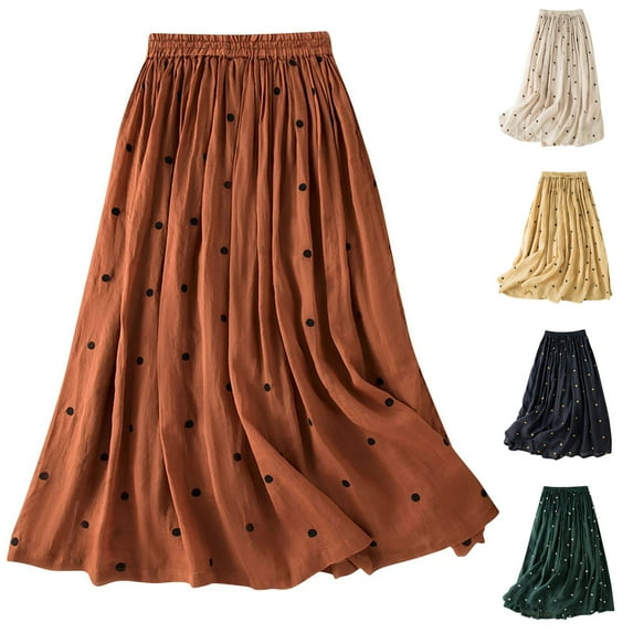 Miluxas Womens Polka Dot Maxi Skirt Summer Comfy Tiered Elastic High Waisted Aline Flowy Swing Pleated Skirts for Women Yellow XL(XL)