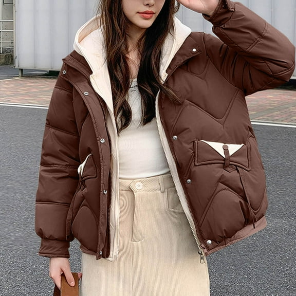 Miluxas Womens Puffer Jacket Fashion Solid Casual Fake Two Pieces Padded Keep Warm Cold Protection Long Sleeve Parkas Brown M(M)
