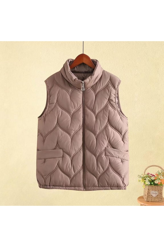 Womens Puffer Vest Oversized Collared Sleeveless Puffer Jacket Solid Color Casual Zip up Lightweight Bubble Padded Coat Coffee XXXL
