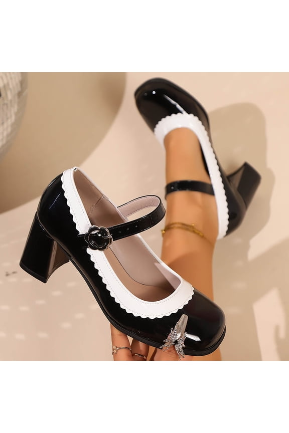 Womens Retro Shoes Chunky Heeled Mary Jane Mid Block Heel Pumps Black 6(37)