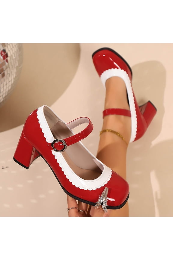 Womens Retro Shoes Chunky Heeled Mary Jane Mid Block Heel Pumps Red 8.5(41)