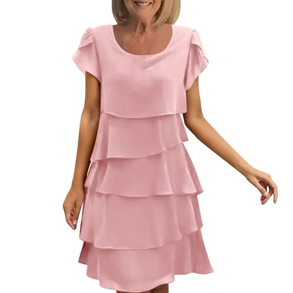 Miluxas Womens Ruffle Dress Boho Summer Fashion Tiered Layed Wedding Guest Cocktail Party Dress Pink L(L)