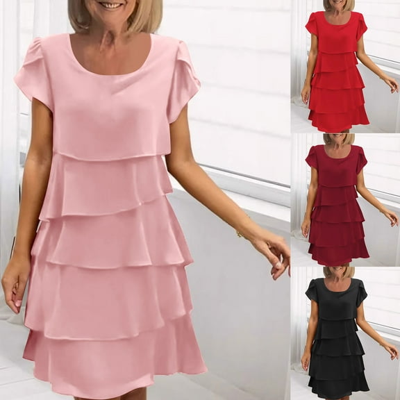 Miluxas Womens Ruffle Dress Boho Summer Fashion Tiered Layed Wedding Guest Cocktail Party Dress Wine XL(XL)