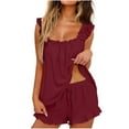 thumbnail image 1 of Miluxas Womens Ruffle Pajamas Set 2 Piece Home Clothing Sleeveless Tank Top Matchcing Drawstring Shorts Solid Lounge Sleepwear Set Wine, 1 of 7