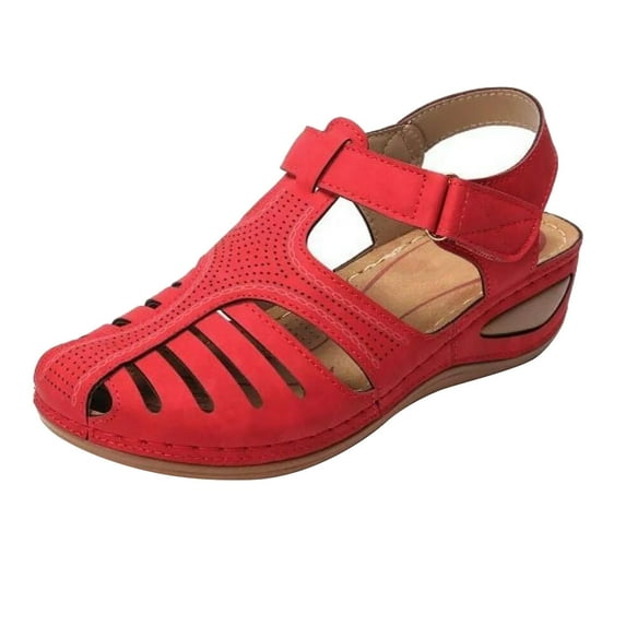 Girls Summer Shoes Soft Imitation Leather Closed Toe Vintage Anti-Slip Sandals for Women High-quality Red 7(37)