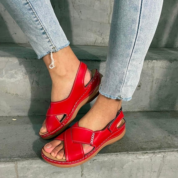 Miluxas Womens Sandals Dressy Summer Open Toe Shoes Flat Strappy Sandals Comfort Ladies Sandals Red 7(39)