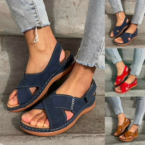 Miluxas Womens Sandals Dressy Summer Open Toe Shoes Flat Strappy Sandals Comfort Ladies Sandals Red 9.5(43)