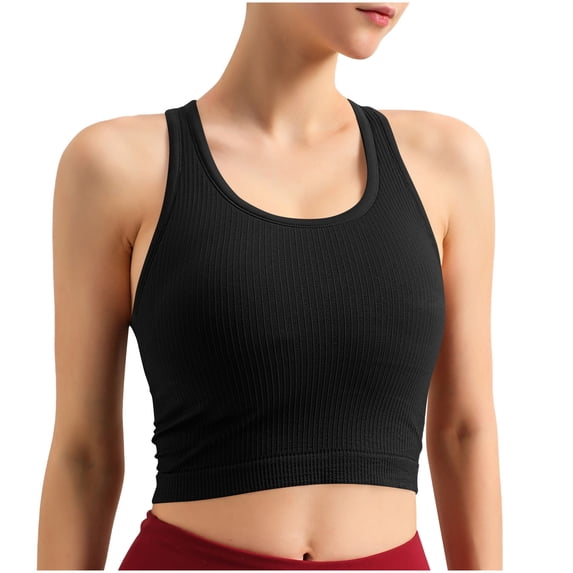 Miluxas Womens Seamless Ribbed Crop Tank Top Sleeveless High Neck Workout Sports Bra Racerback Yoga Training Tops Black