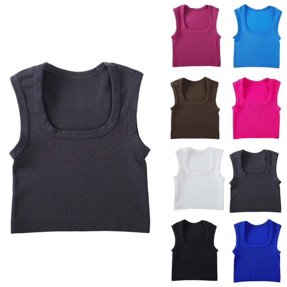 Miluxas Womens Seamless Ribbed Crop Tank Tops Casual Square Neck Going Out Tops Solid Basic Tank Workout Tops White