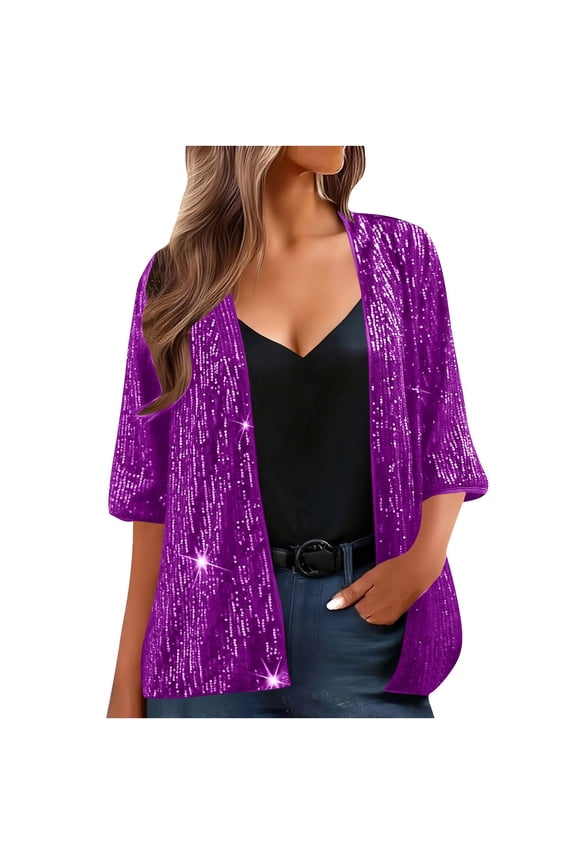 Womens Sequin Jackets Long Sleeve Open Front Coat Sparkly Glitter Blazer Jacket Casual Coat Fashion Party Clubwear Purple L(L)