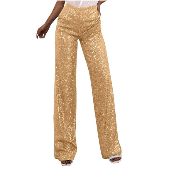 Miluxas Womens Sequin Pants Sparkly High Waisted Straight Leg Glitter Fashion Trousers Night Out Clubwear Gold 4(S)
