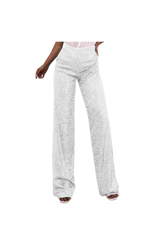 Womens Sequin Pants Sparkly High Waisted Straight Leg Glitter Fashion Trousers Night Out Clubwear White 8(L)