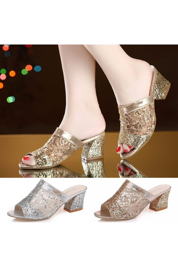 Womens Sequin Slide Sandals Mesh Chunky Heels Mules Square Open Toe Slip On Summer Dress Shoes Silver 9.5(43)