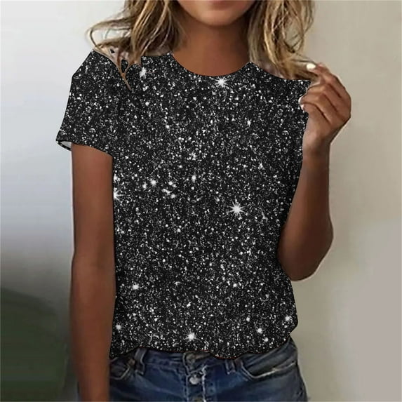 Miluxas Womens Sequin Tops Short Sleeve Shimmer Glitter Tops Sparkly Shirt Concert Disco Party Tee Black 8(L)