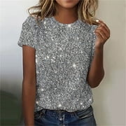 MILUXAS Womens Sequin Tops Short Sleeve Shimmer Glitter Tops Sparkly Shirt Concert Disco Party Tee Gray 12(XXL)