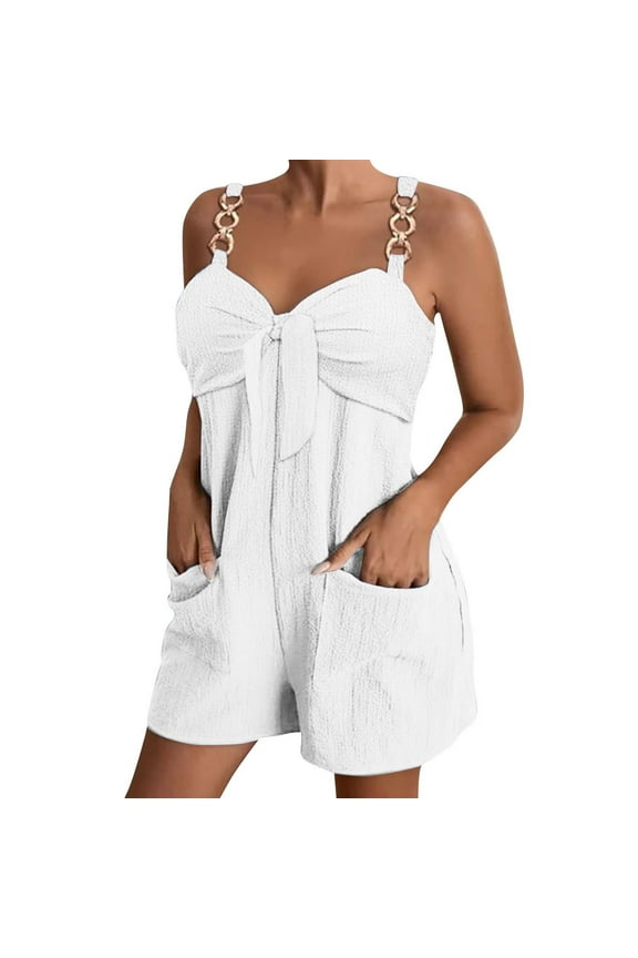 Womens Short Jumpsuits Solid Color Summer Casual Lace up Front Sleeveless Rompers with Pockets White 6(M)