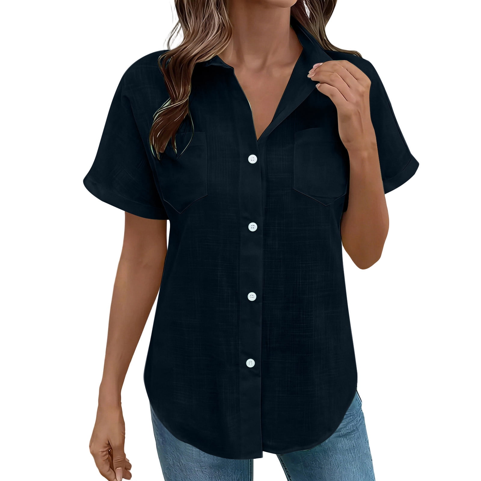 Miluxas Womens Short Sleeve Button Down Shirts Casual V Neck Collared ...