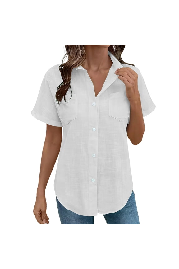 Womens Short Sleeve Button Down Shirts Casual V Neck Collared Blouses Solid Color Work Tops with Pockets White