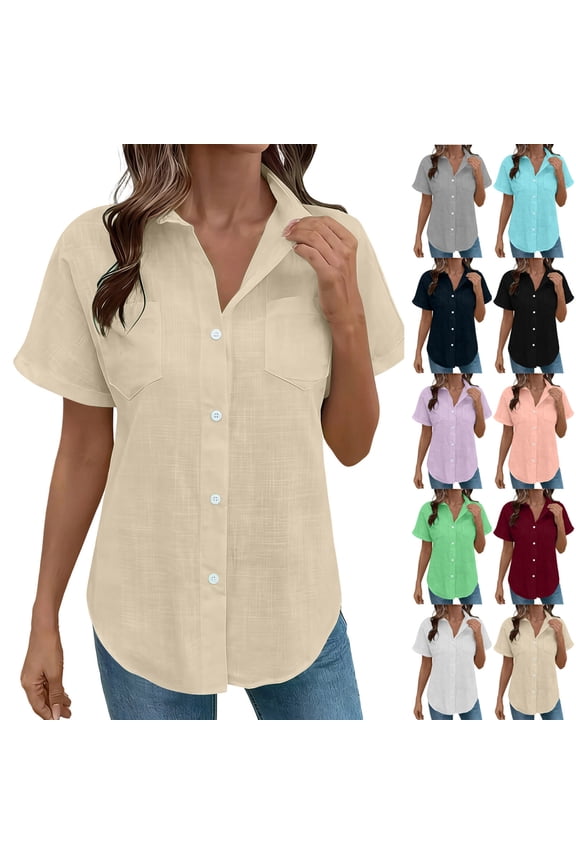 Womens Short Sleeve Button Down Shirts Casual V Neck Collared Blouses Solid Color Work Tops with Pockets White