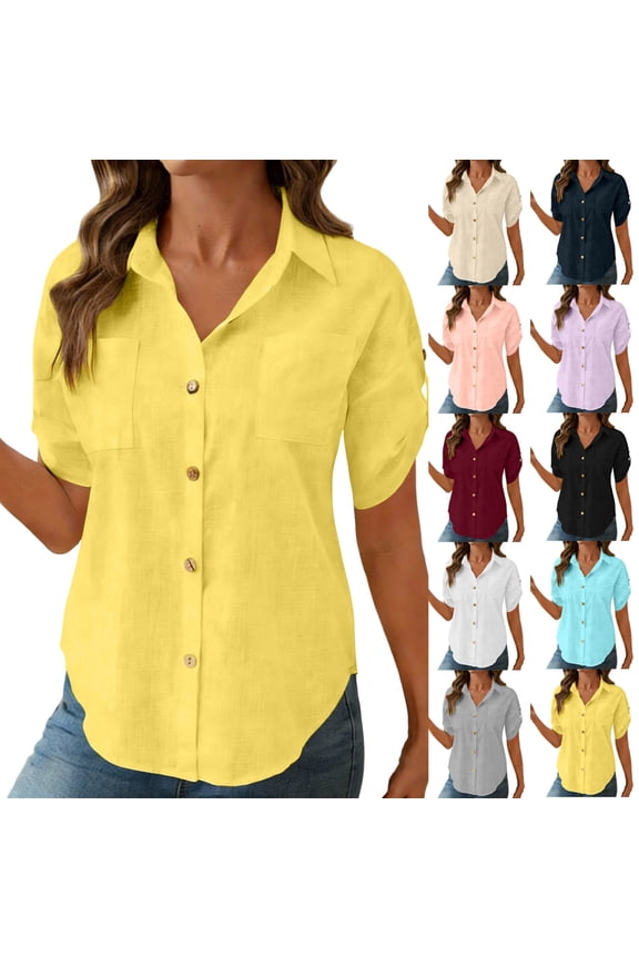 Womens Short Sleeve Button Down Shirts Loose Fit V Neck Business Casual Blouses Summer Solid Top with Pockets Yellow