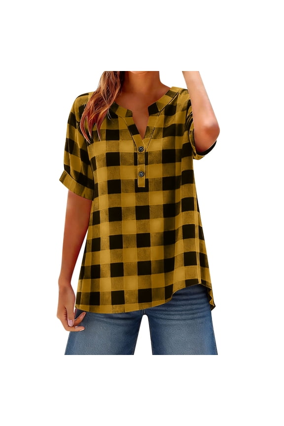 Womens Short Sleeve Casual Plaid Shirt Lightweight Summer V-Neck Tops Yellow