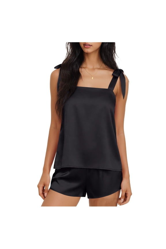 Womens Silk Pajama Set Bow Tie Knot Tank Top Satin Pjs Sets for Bridal Party 2 Piece Cami Shorts Sleepwear Black M(M)