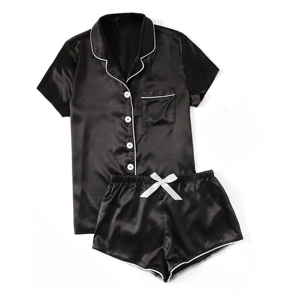 Miluxas Womens Silk Satin Pajamas Set Short Sleeve Sleepwear Button Down Loungewear 2 Piece Shorts Set Black 4(S)