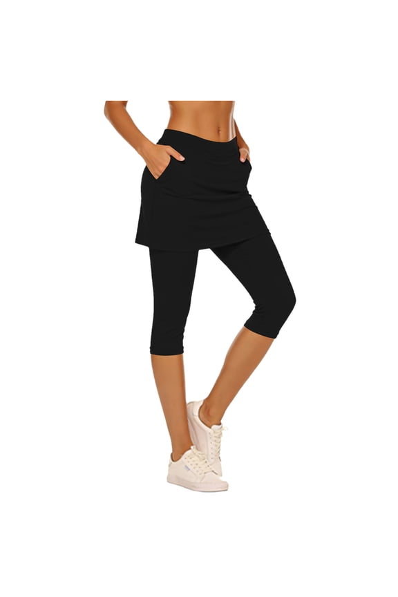 Womens Skirted Leggings Solid Color High Waist Athletic Workout Yoga Pants Fitness Tennis Skirt Sport Tights with Side Pocket Black